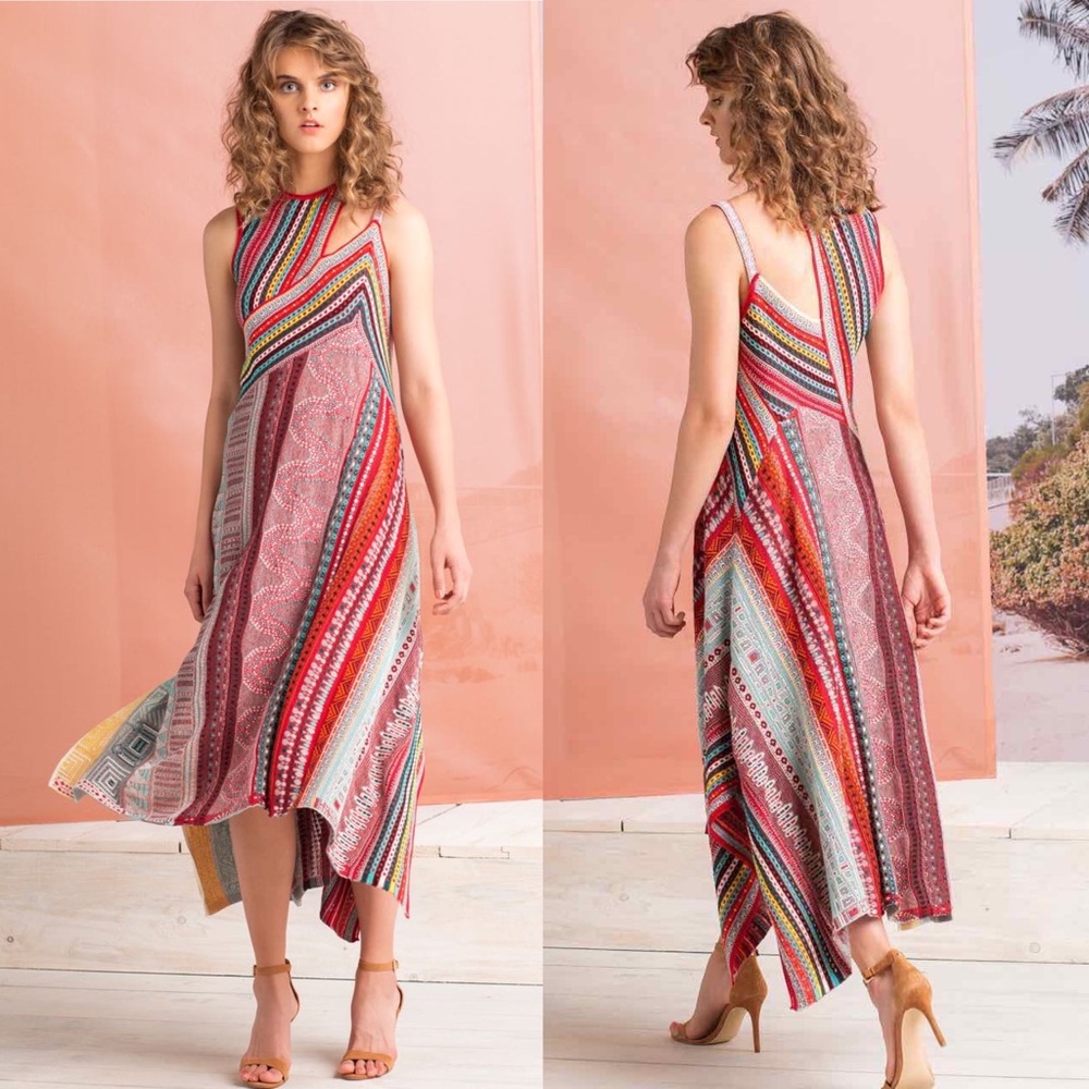 IVKO Patchwork Knit Loose Stitch Cutout Maxi Dress in Red